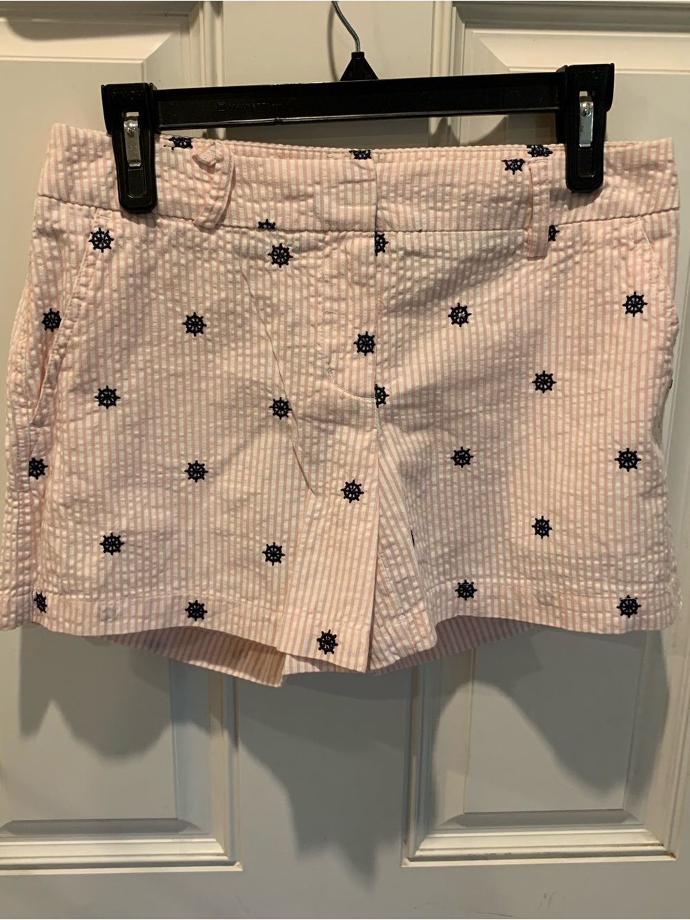 British Khaki Light Pink Seersucker Shorts with Navy Embroidery